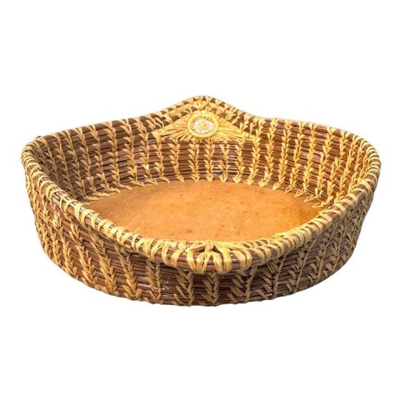 Handcrafted Pine Needle Straw Woven Rattan & Wood Decorative Basket Dish Handles - Picture 3 of 7